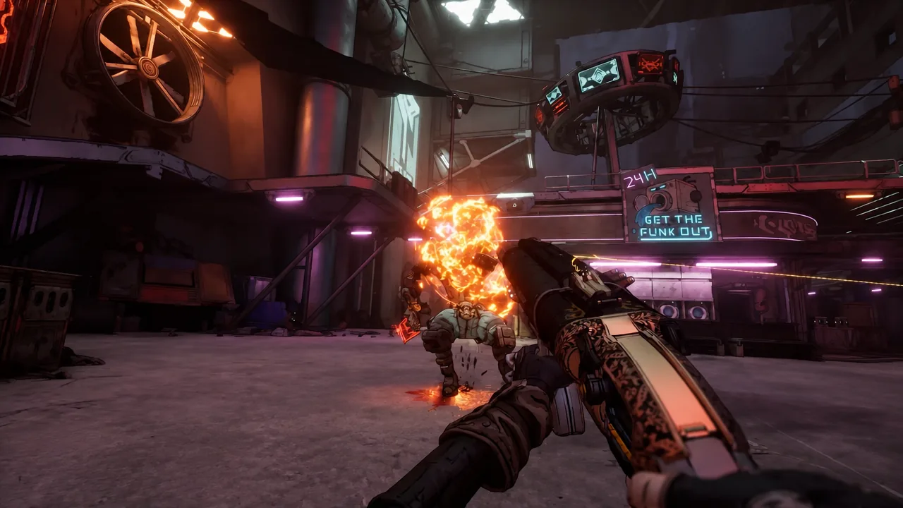Player firing on a burning enemy under the GET THE FLUNK OUT objective marker