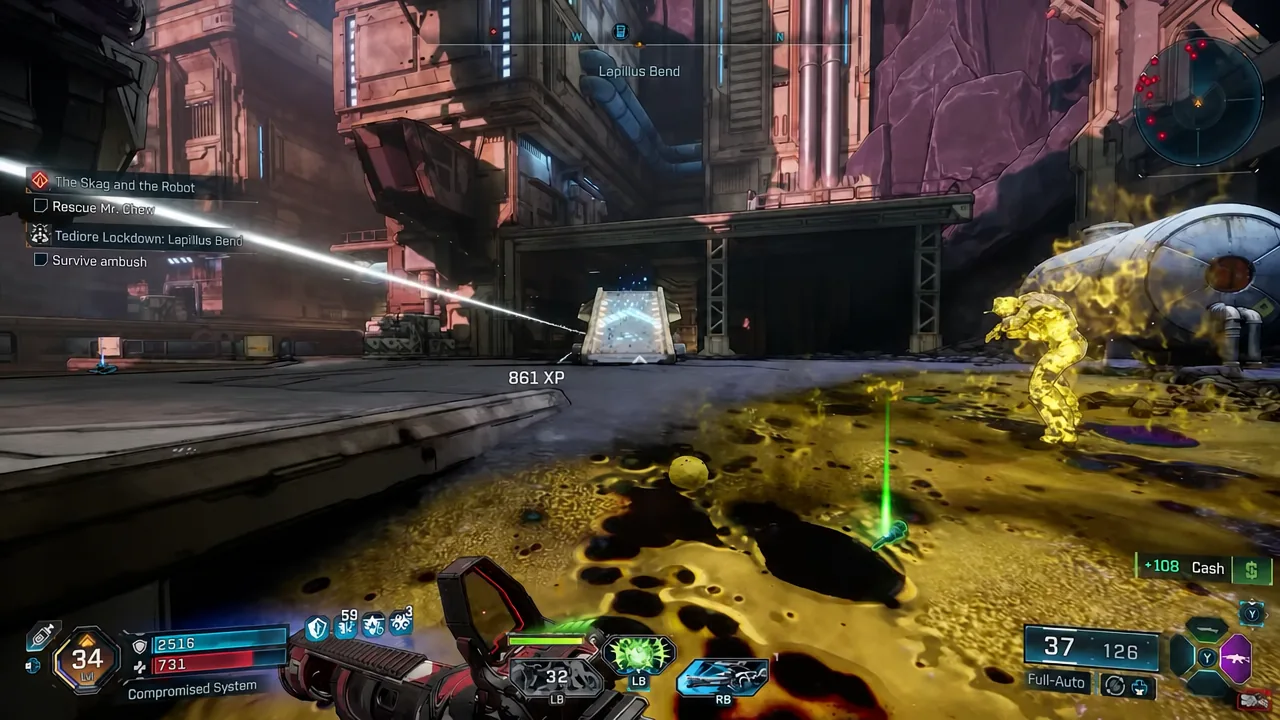 Tediore Lockdown fight in Lapillus Bend with a green loot drop marked on screen