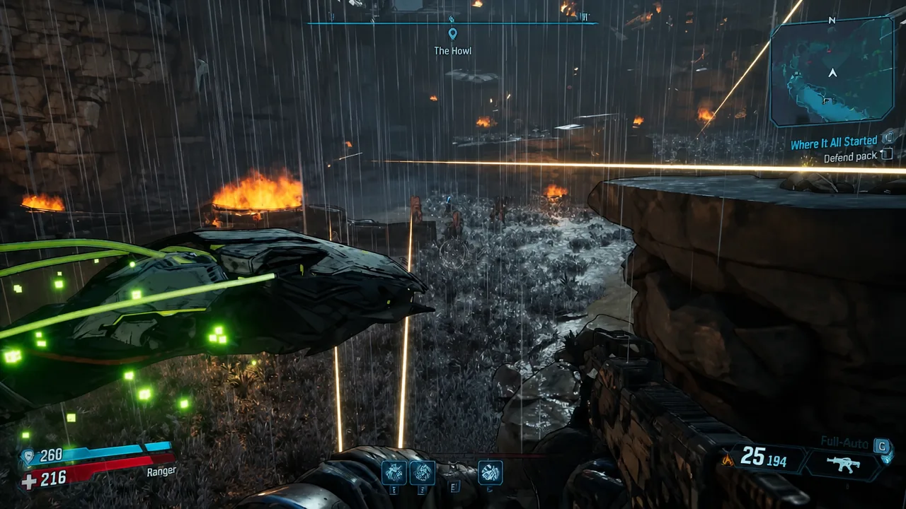 Player holding a position at The Howl during the Where It All Started mission with a full-auto weapon
