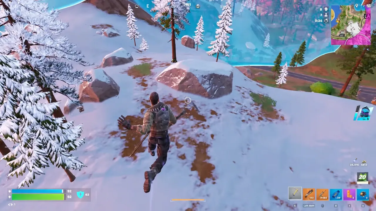 Fortnite character crossing a snowy hillside toward rocks with the crosshair on the terrain ahead