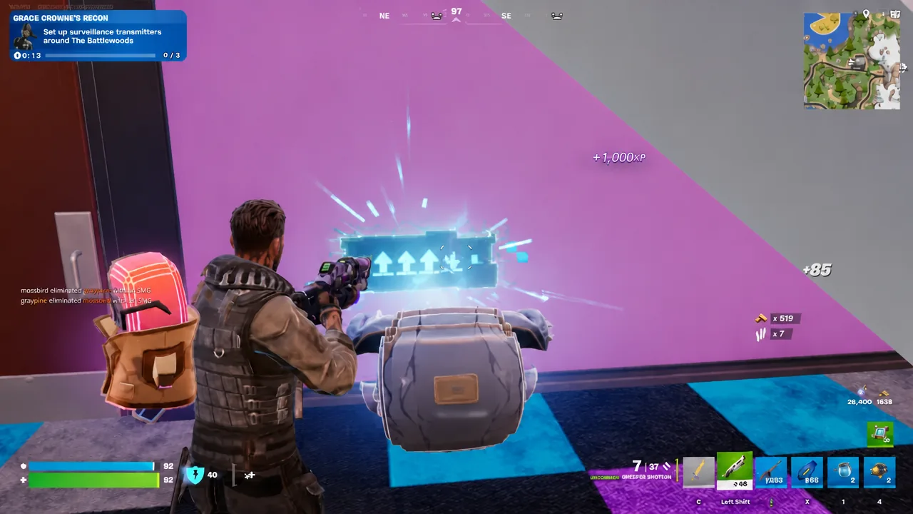 Player activating a glowing surveillance transmitter for the Grace Crowne's Recon objective