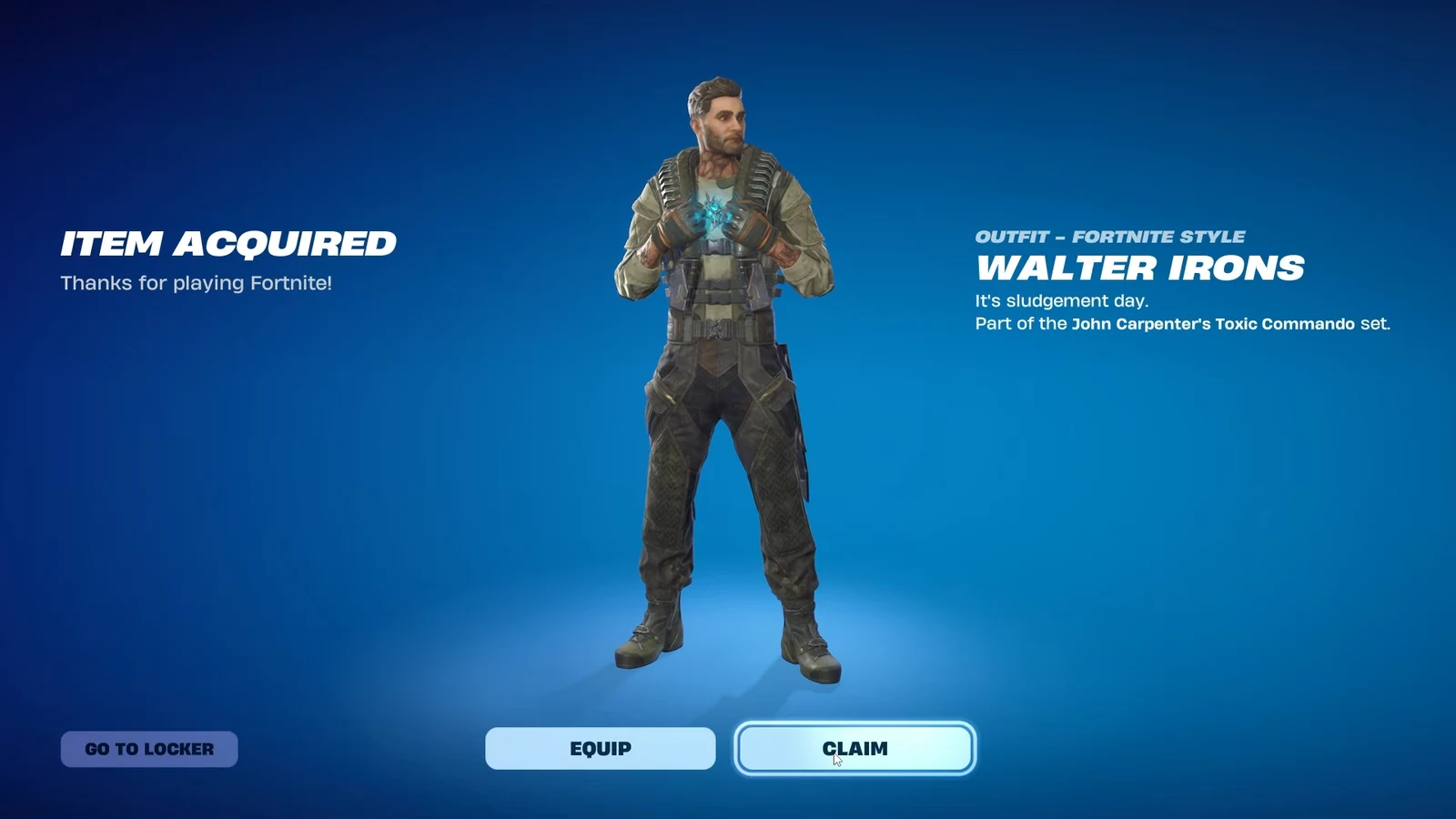 Fortnite item acquired screen with the claim option highlighted after buying the Walter Irons outfit