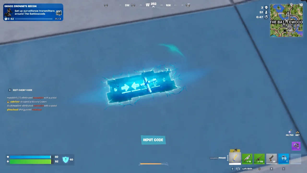 Cheat code panel in Fortnite with the input code button highlighted