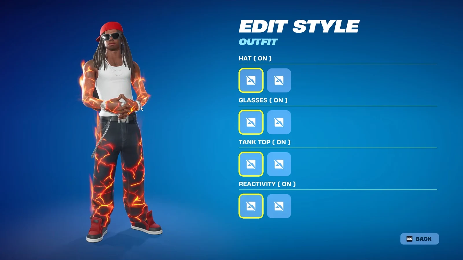 Weezy Outfit Edit Style menu showing hat, glasses, tank top, and reactivity options selected