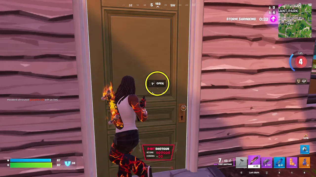 Fortnite interaction prompt to open a door during a match while playing as Weezy