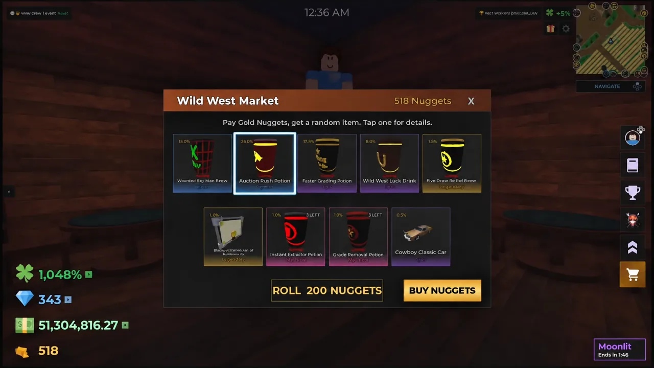 Wild West Market roll screen with the Auction Rush Potion highlighted and a 200 nugget roll button
