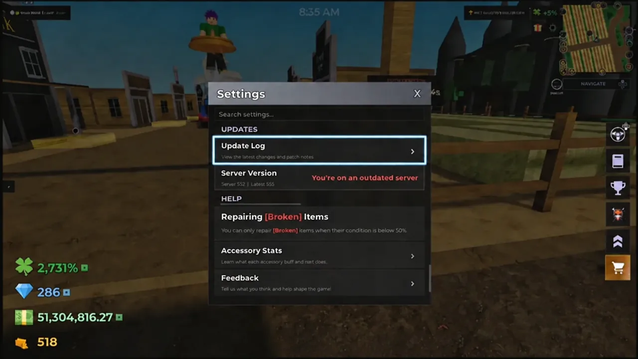 Settings menu with the Update Log option highlighted for viewing the latest patch changes