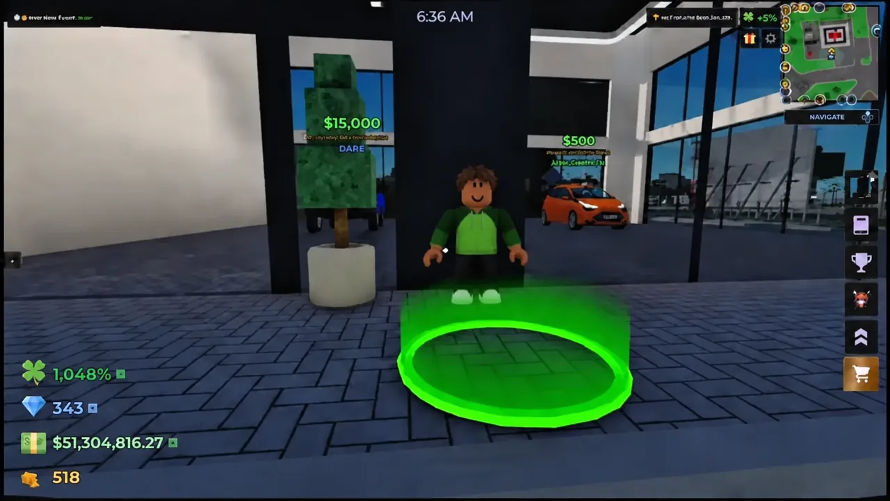 Player avatar standing on a glowing green interaction ring outside a shop entrance with the Navigate button visible