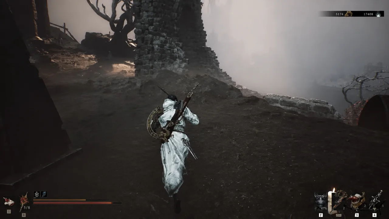 Player character moving through the ruined fortress on the lower cliff path with the combat HUD active