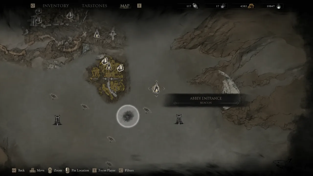 World map view with the Abbey Entrance beacon marked as the current destination
