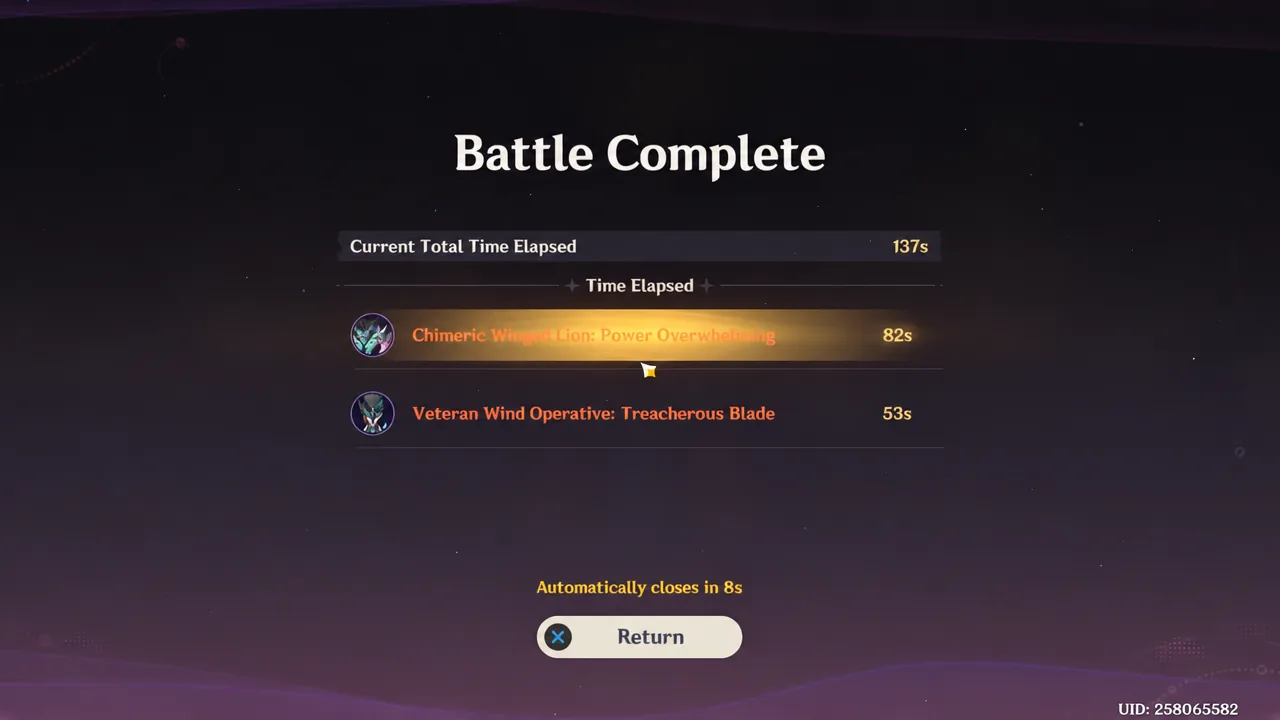 Battle Complete screen for Chimeric Winged Lion: Power Overwhelming showing elapsed time