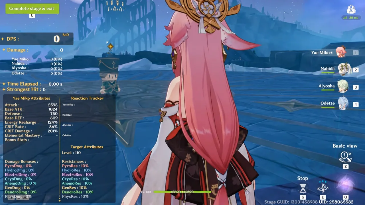 Damage test stage screen with the complete stage and exit button highlighted