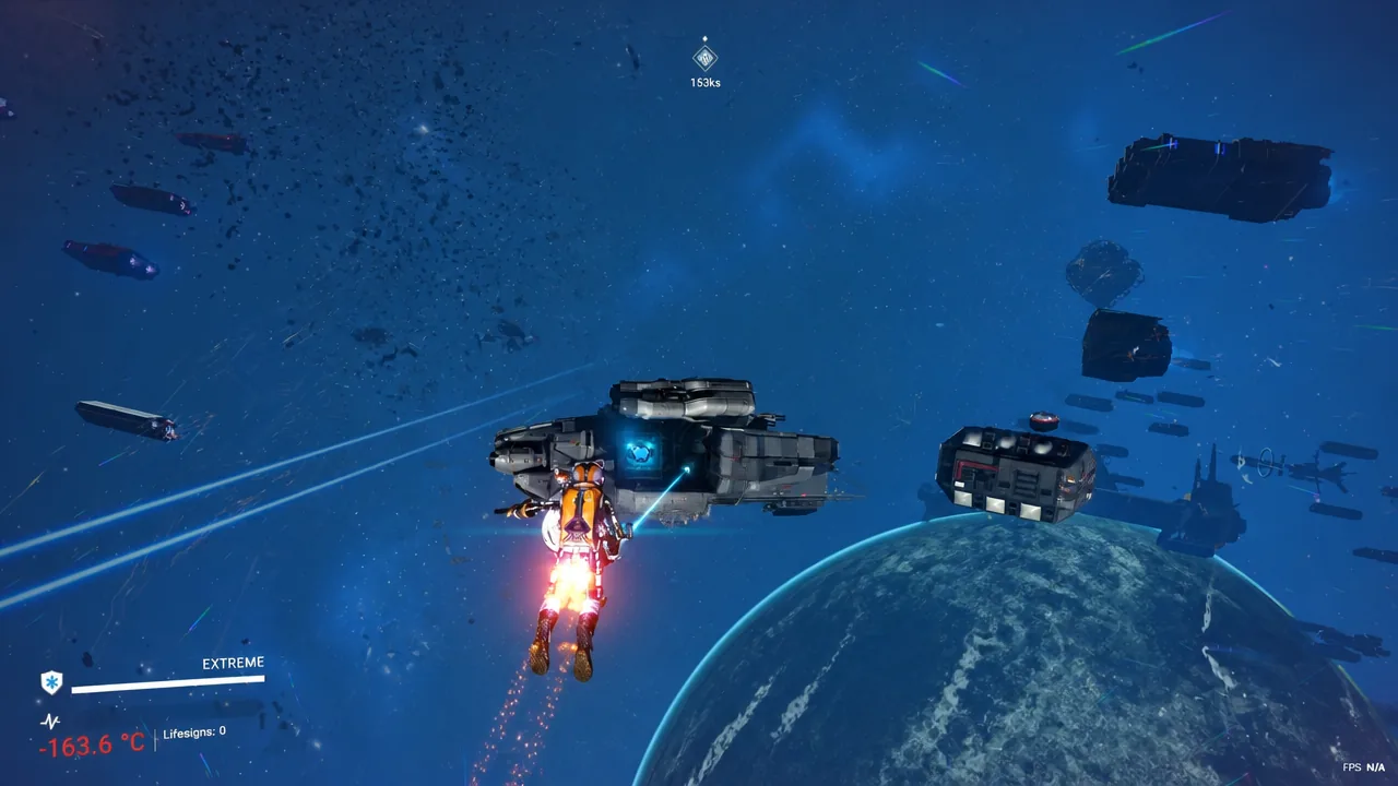 Astronaut jetpacking through open space toward a starship with an Extreme hazard warning showing