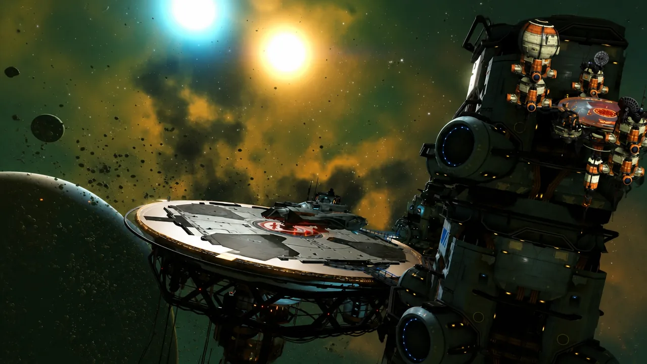 A remote deep-space outpost floating against a star system backdrop