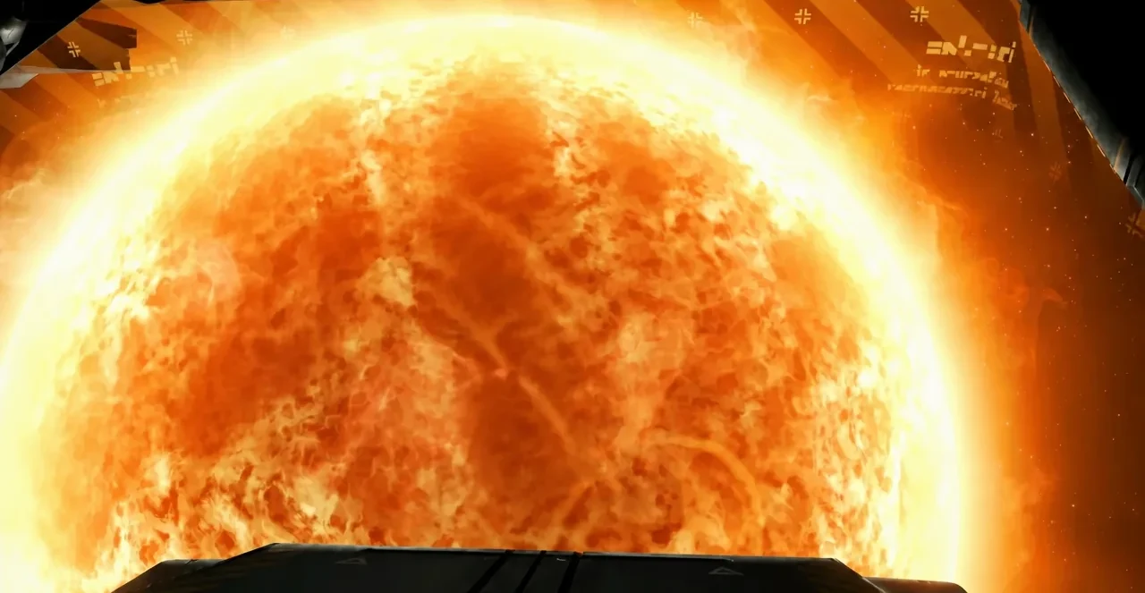 Starship flying directly toward a system's blazing star