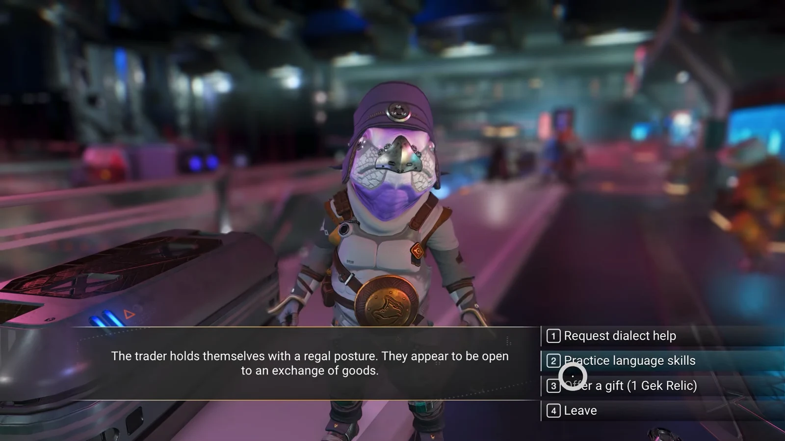 Alien NPC dialogue options on a space station with a conversation choice highlighted