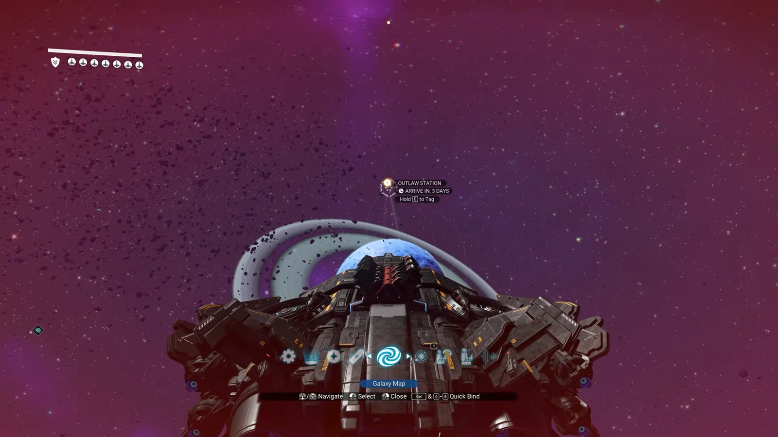 Starship quick menu with the map option highlighted and a station set as the current destination
