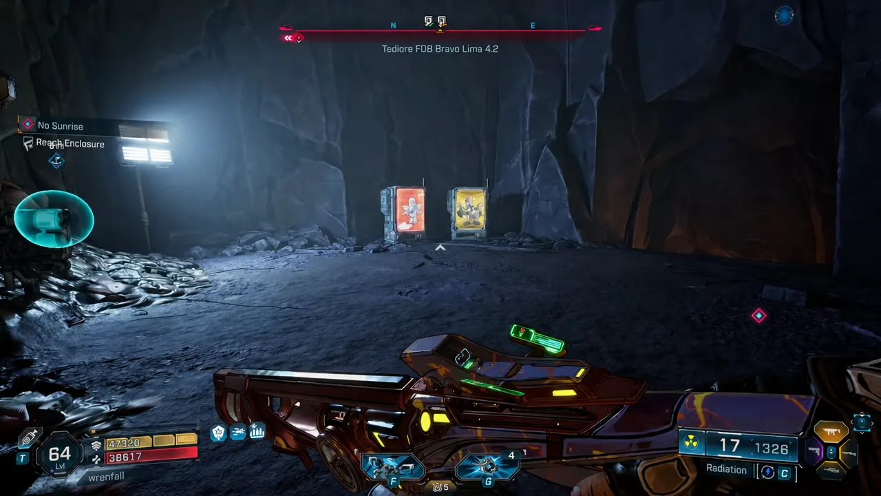 Reach Enclosure objective active while aiming at two containers near the end of the cave route