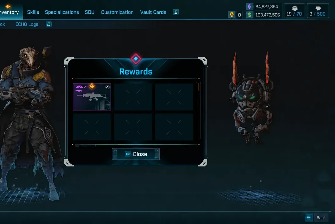 Rewards screen with the Synchronized Spec-Tec assault rifle highlighted for selection