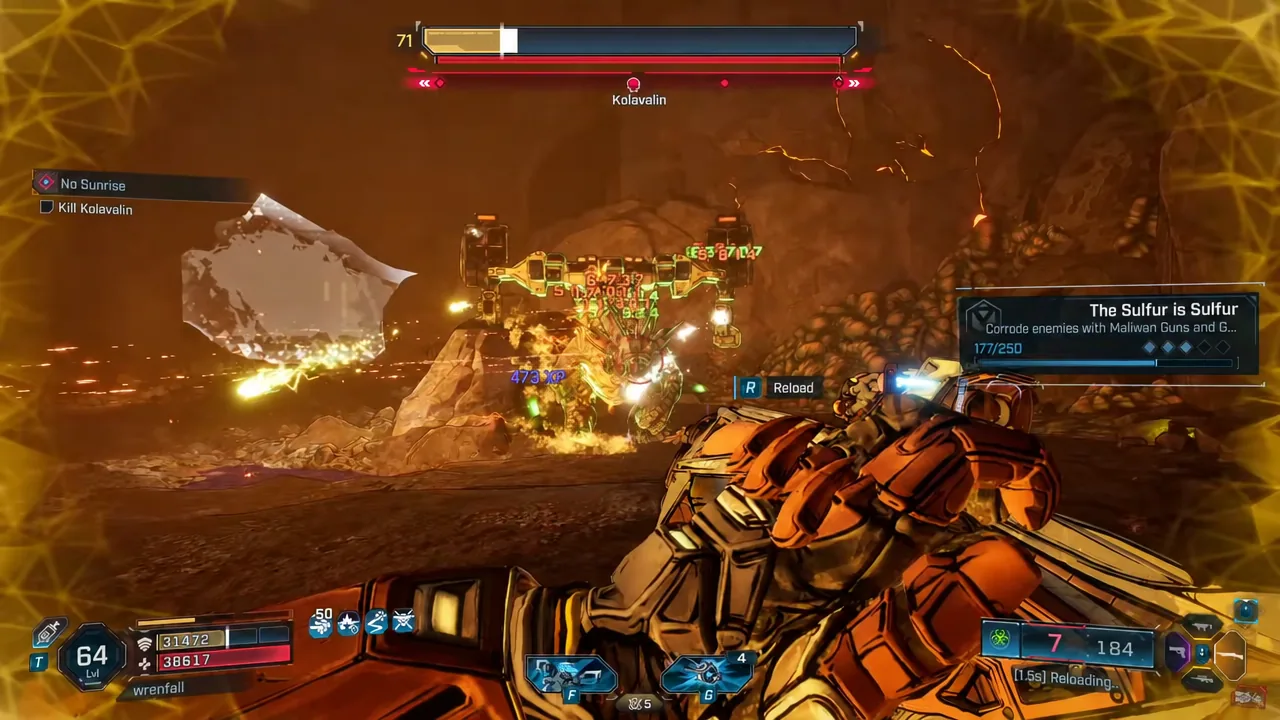 Reload prompt highlighted on the HUD during the Kolavalin boss fight