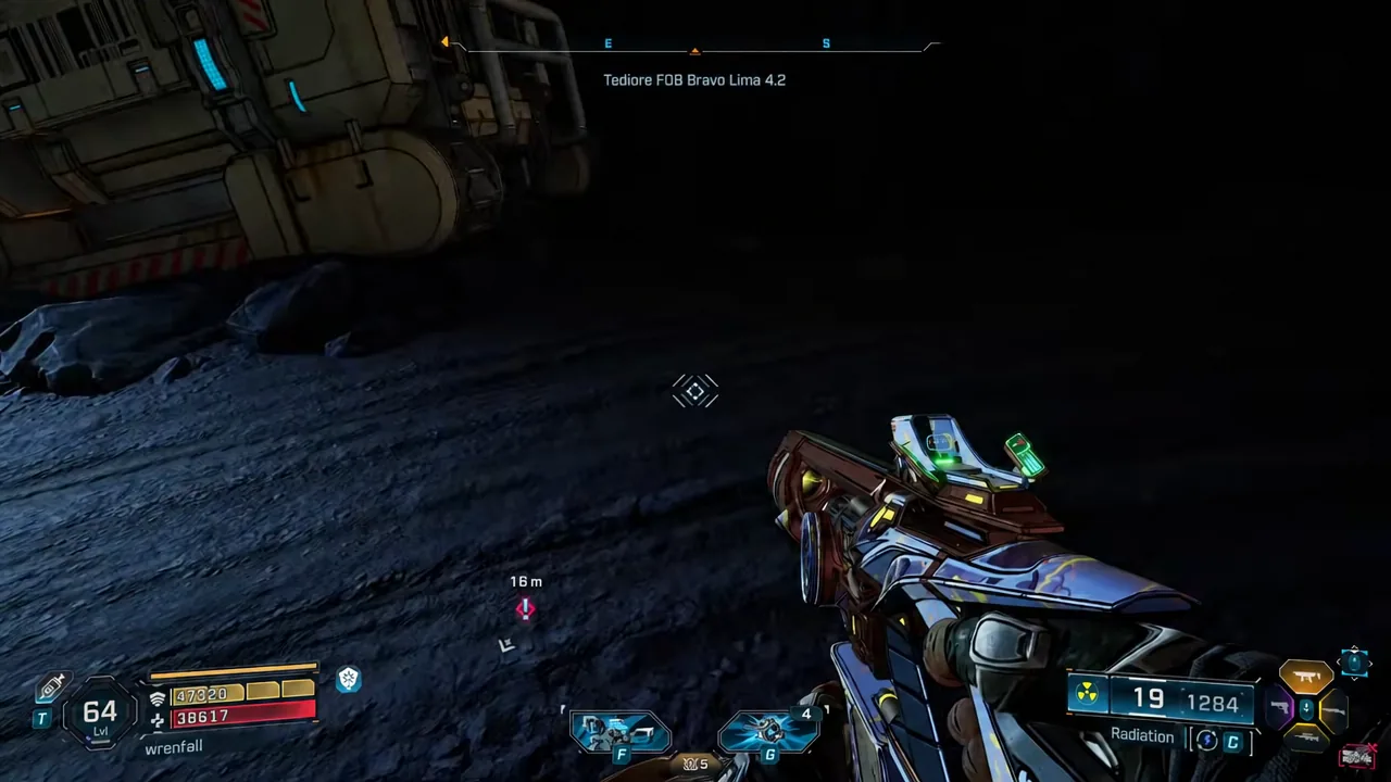 Objective marker showing 16 m ahead while running through the dark cavern in Tediore FOB Bravo Lima 4.2