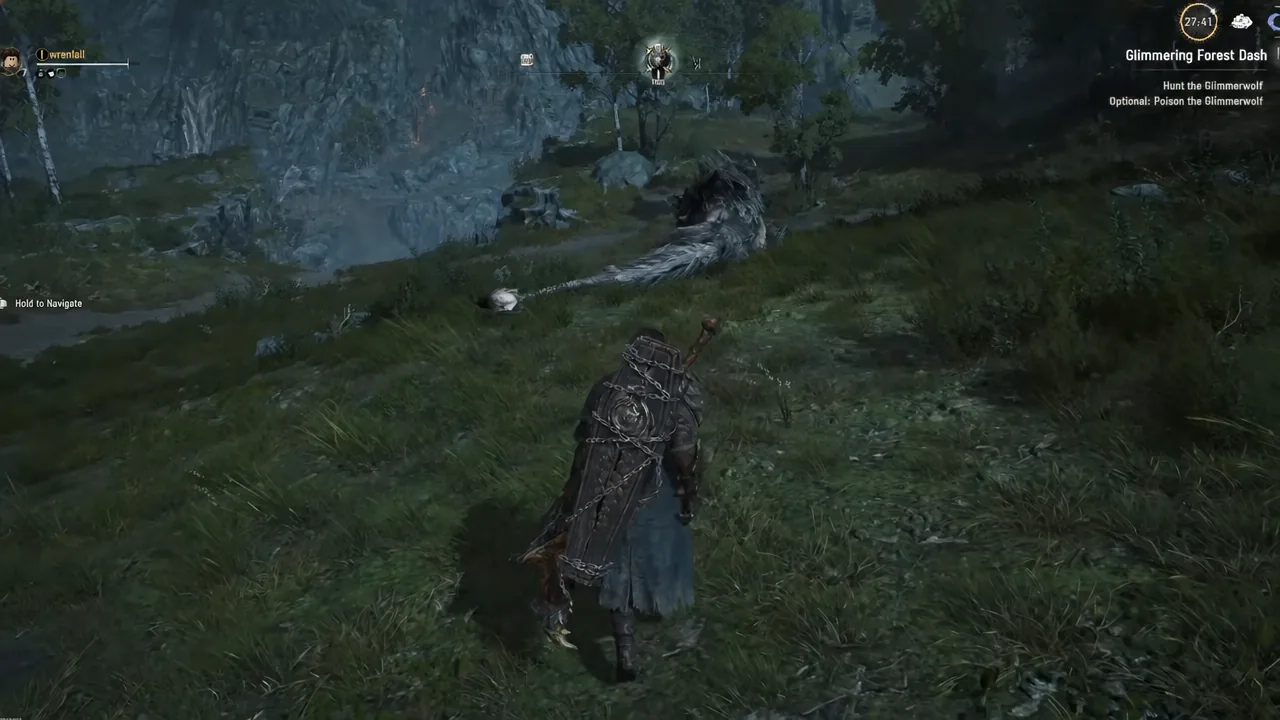 Player holding the Navigate control while creeping toward the Glimmerwolf hunt objective