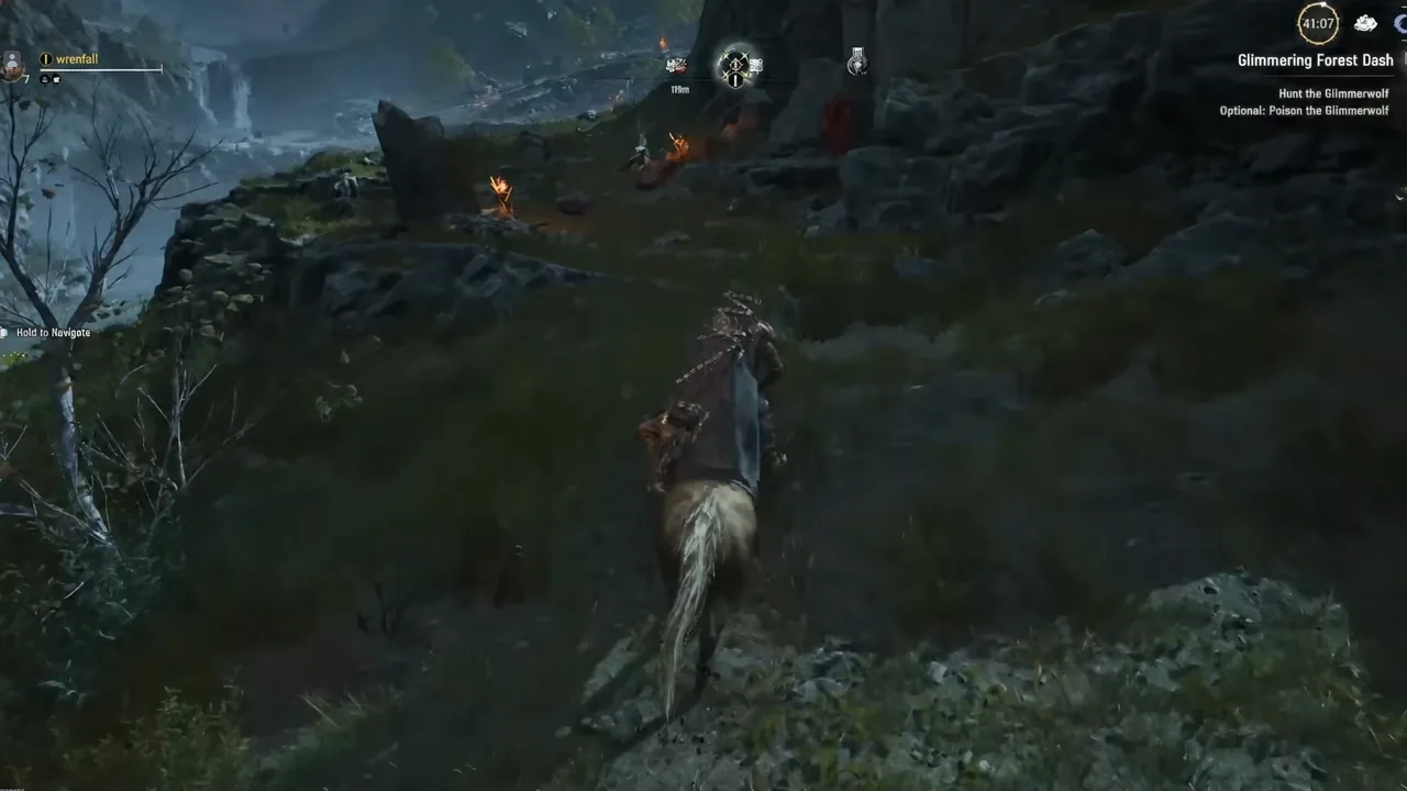 Glimmering Forest Dash tracker showing the Hunt the Glimmerwolf objective while riding uphill
