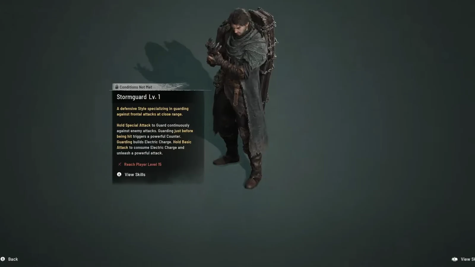 Stormguard Lv. 1 screen showing the Player Level 15 unlock condition and a View Skills option