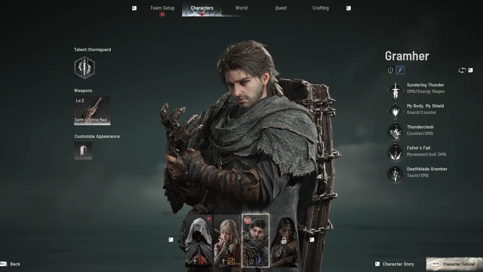 Character screen with Gramher selected, showing his Stormguard talent and equipped Earth-Splitting Maul