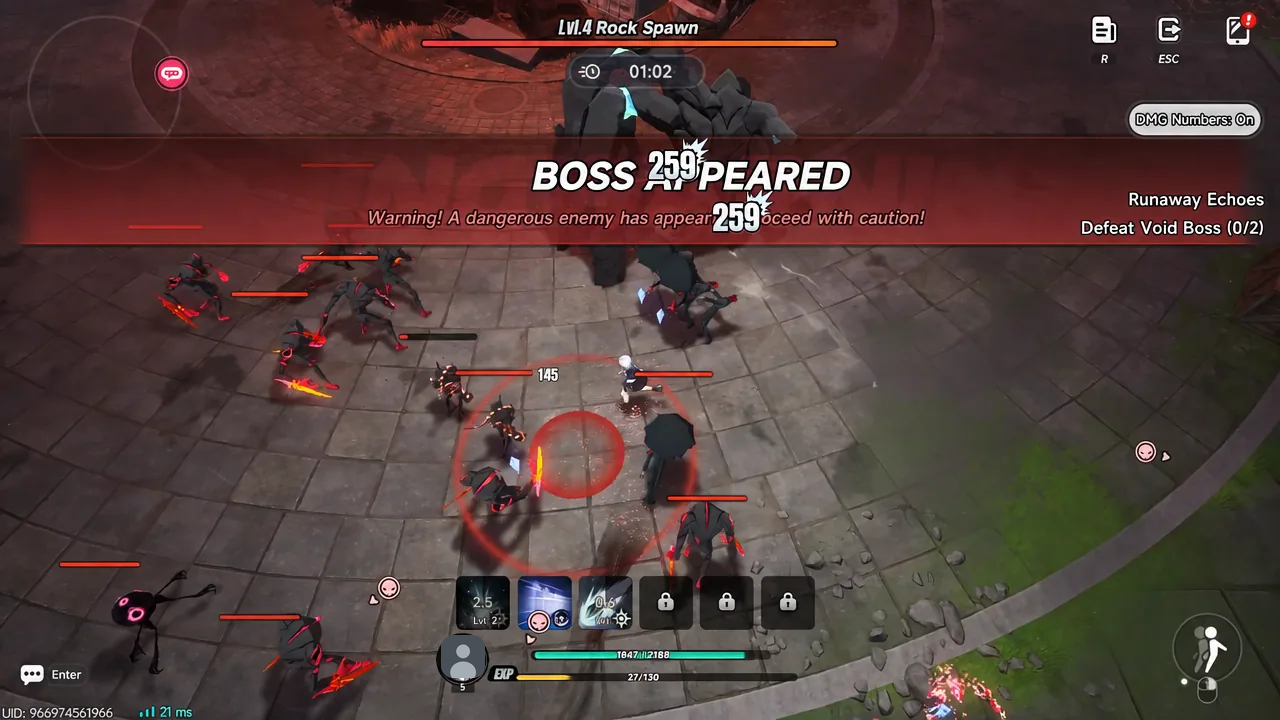 Player fighting a Rock Spawn Echo Boss surrounded by trash mobs and floating damage numbers