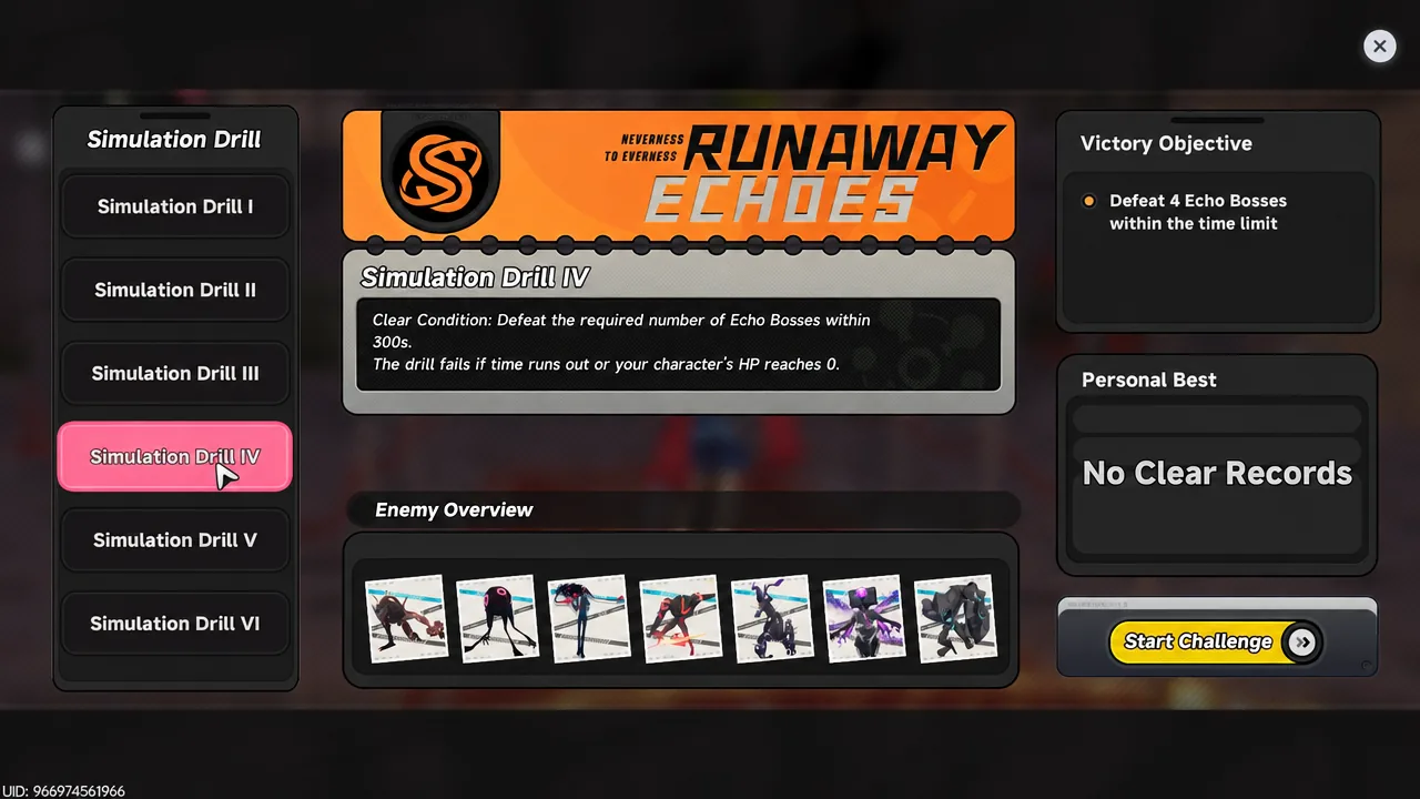 Simulation Drill IV highlighted in the stage list with its clear condition and the Start Challenge button