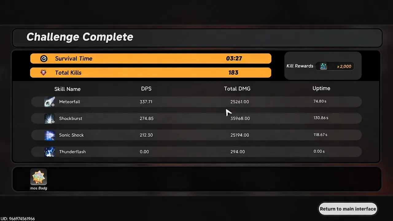 Challenge Complete results screen listing skills and rewards with the return button below