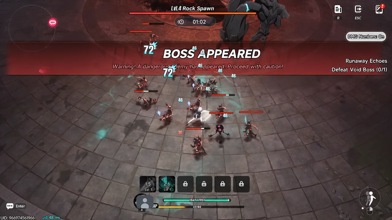 BOSS APPEARED warning banner across the Runaway Echoes combat screen as the boss objective starts