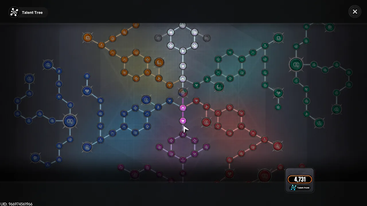 Talent Tree screen with the central pink heart node selected for inspection