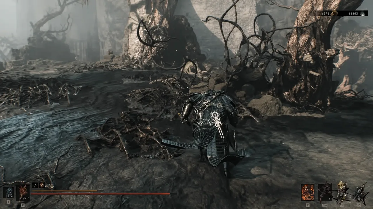 Armored character crossing bleak swampy ground toward ruined structures in the Deserted Slums