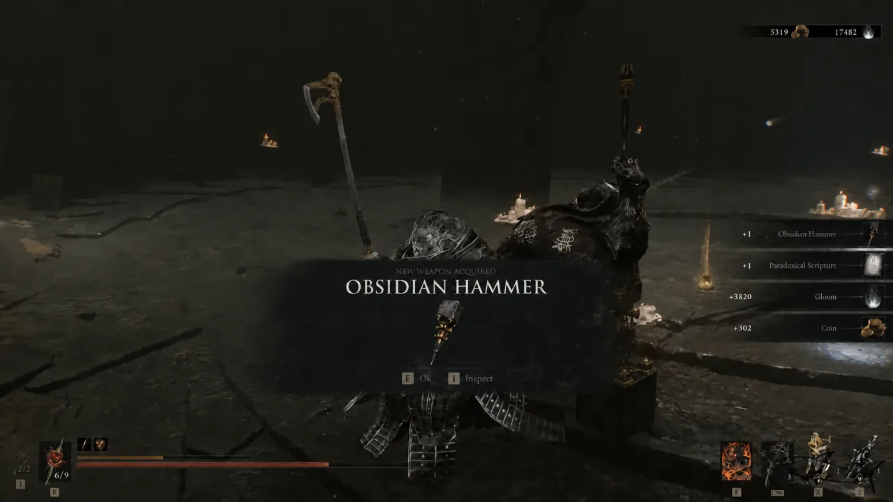 On-screen prompt confirming the Obsidian Hammer has been acquired after the boss fight