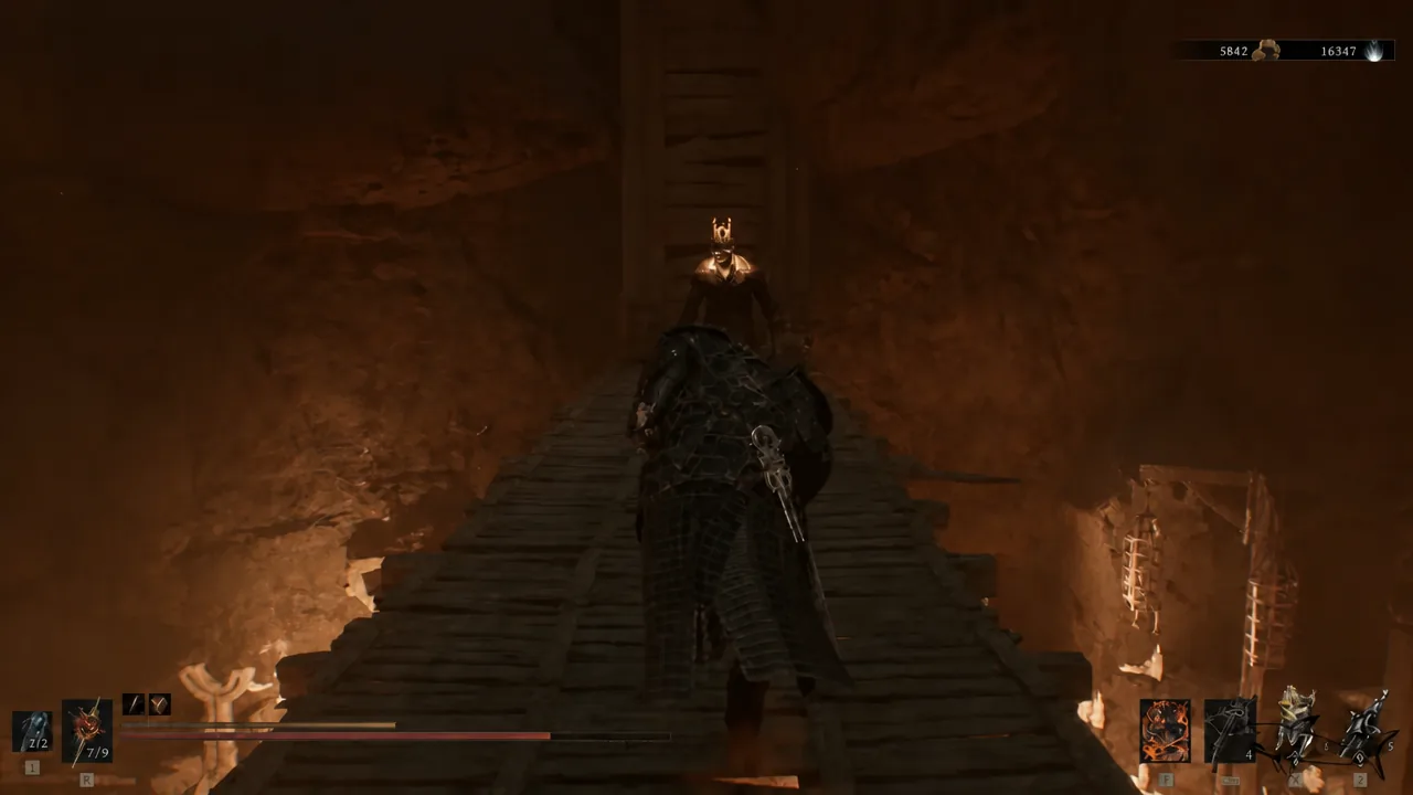 Player advancing up a wooden bridge toward a hostile miner inside the dark mine