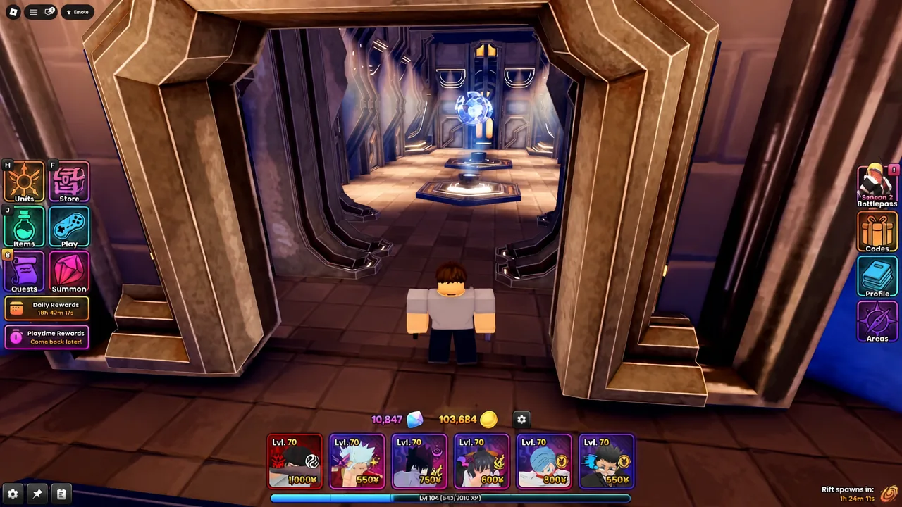 Play button highlighted on the stage select screen as the avatar walks to the central portal