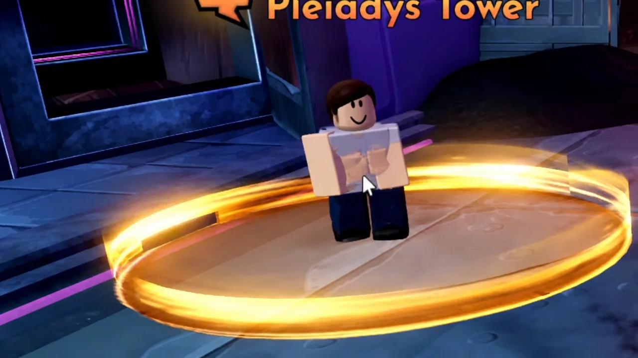 Player avatar standing on a glowing circular platform inside Pleiadys Tower