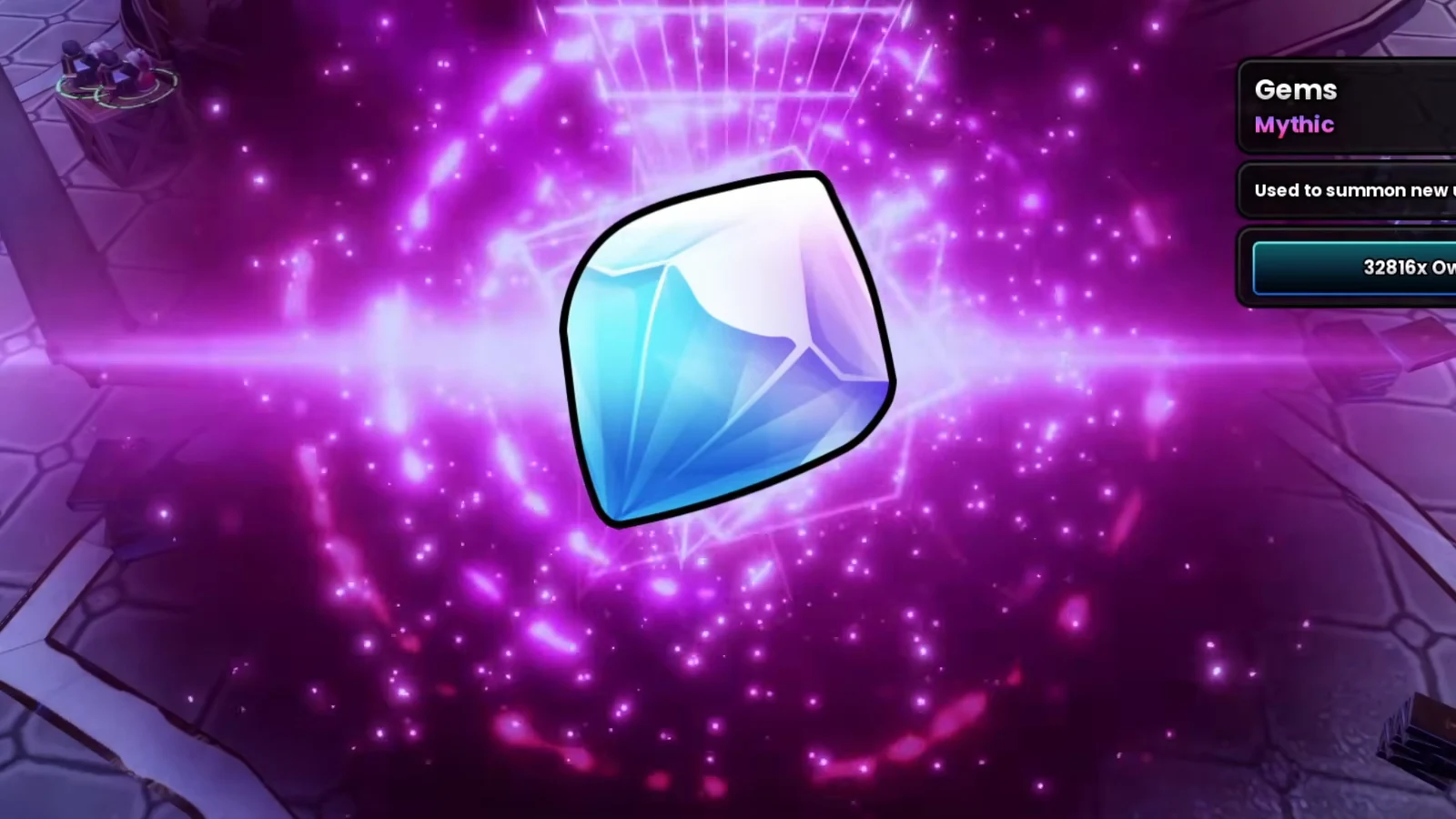 Mythic summon animation with a glowing gem on the Gems banner screen