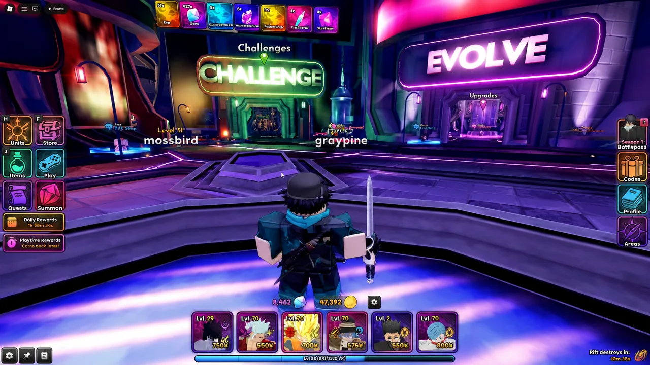 Anime Origins Challenges menu with the central Challenge entry button highlighted