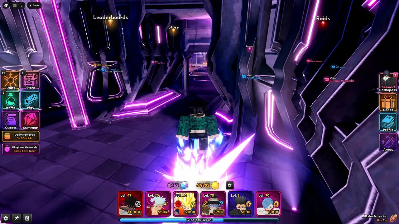 Anime Origins lobby hub with the avatar standing near the Play button