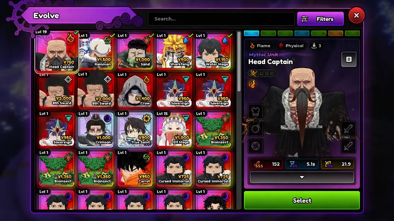 Head Captain chosen on the Evolve screen with the Select button ready