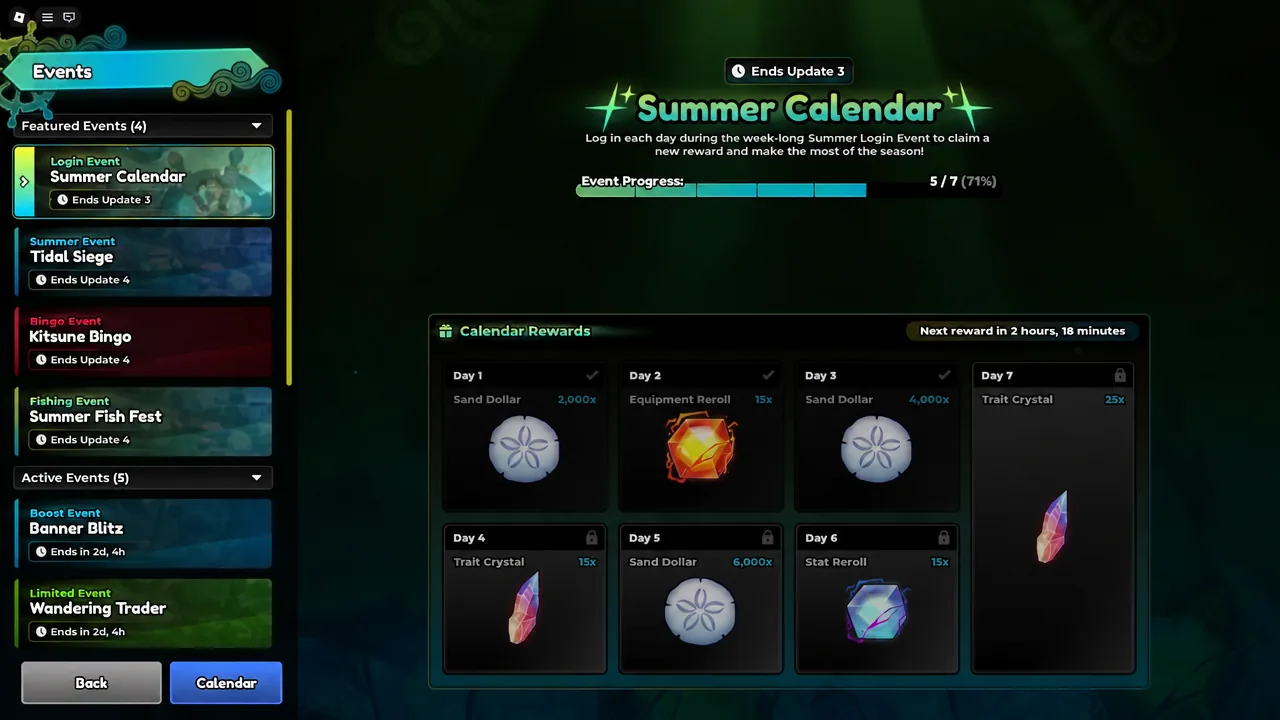 Events menu with the Summer Calendar entry highlighted alongside its daily rewards