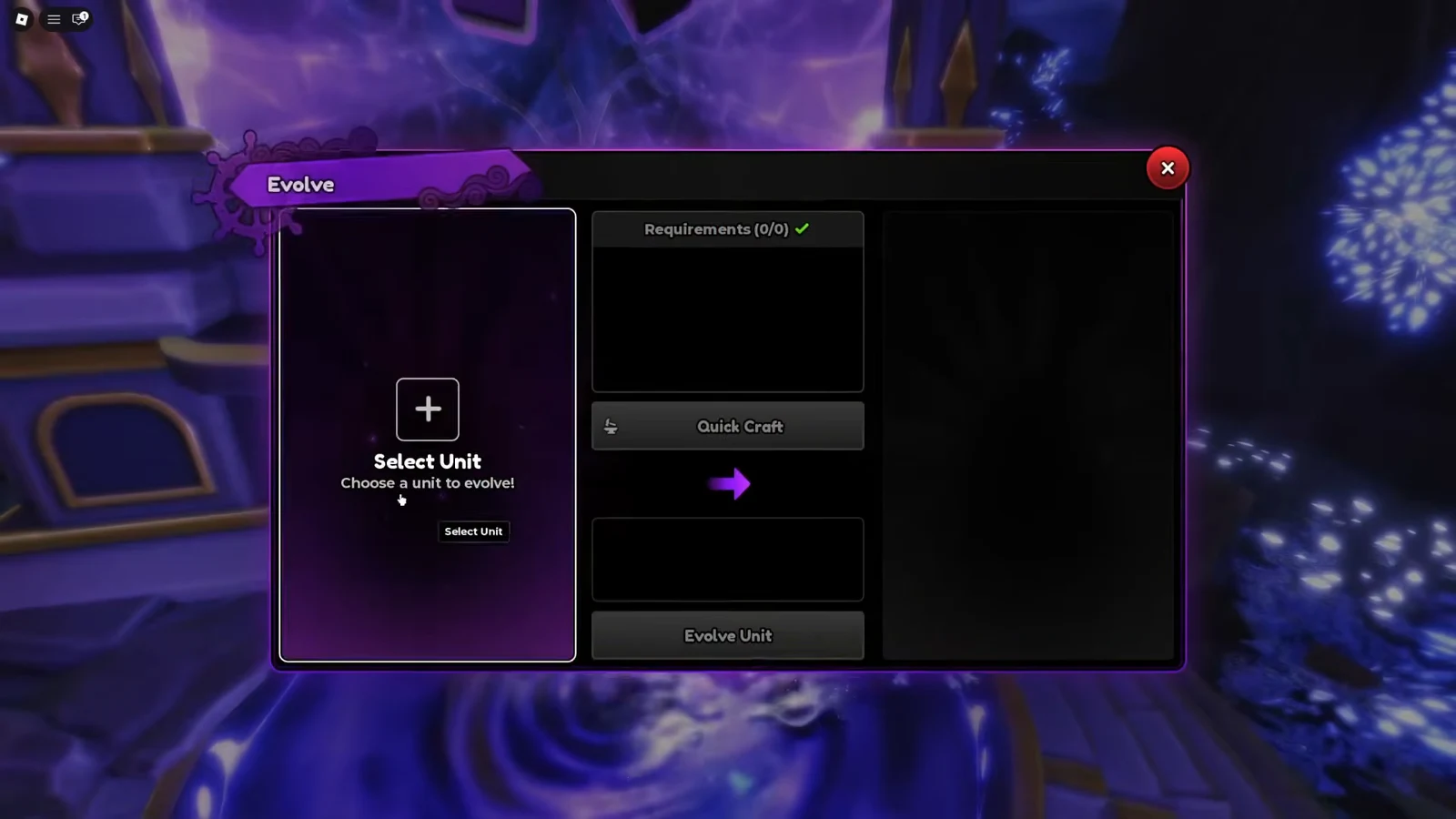 Evolve menu prompting the player to click Select Unit before an evolution can start