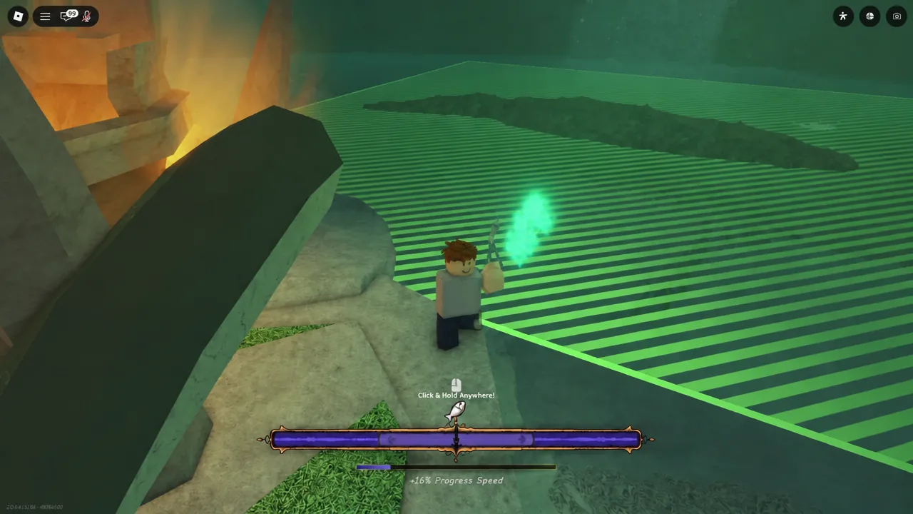 Player holding a lit torch as an on-screen click-and-hold progress meter fills during the Abaia encounter