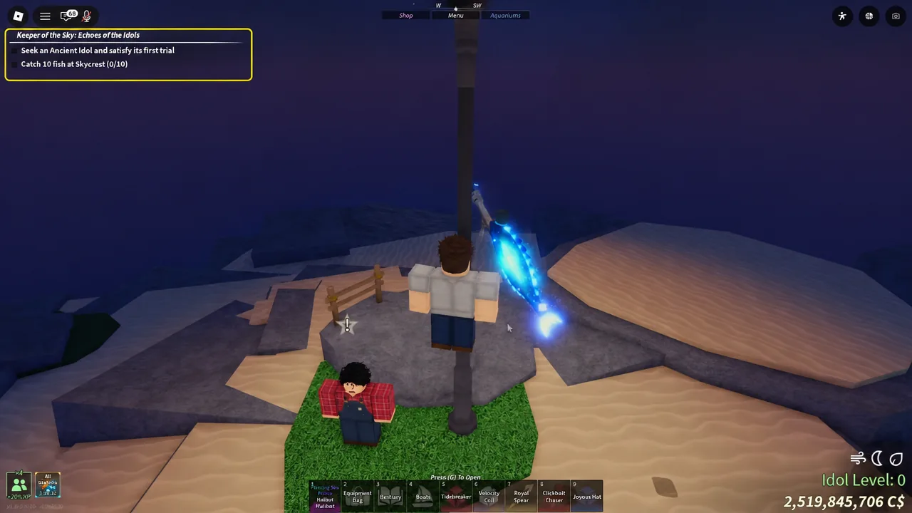 A player talking to a Skycrest island NPC to pick up a new trial quest