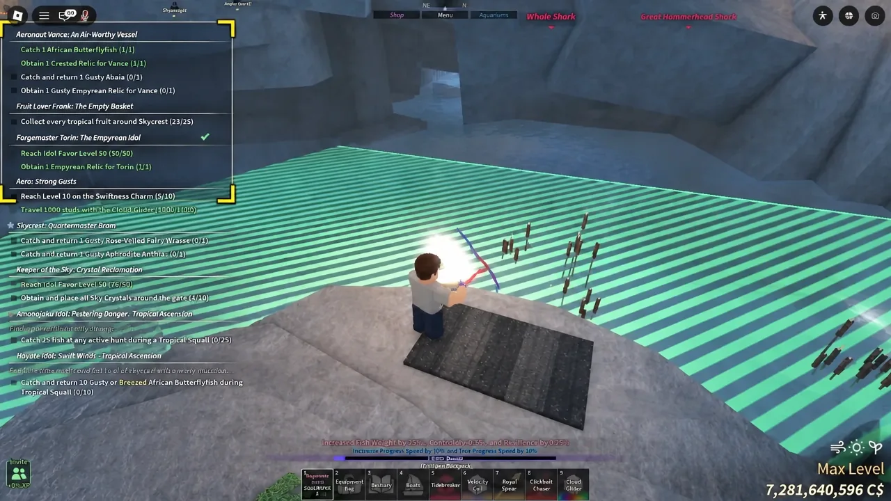 Player casting a rod at fish with an active Aeronaut Vance quest panel highlighted