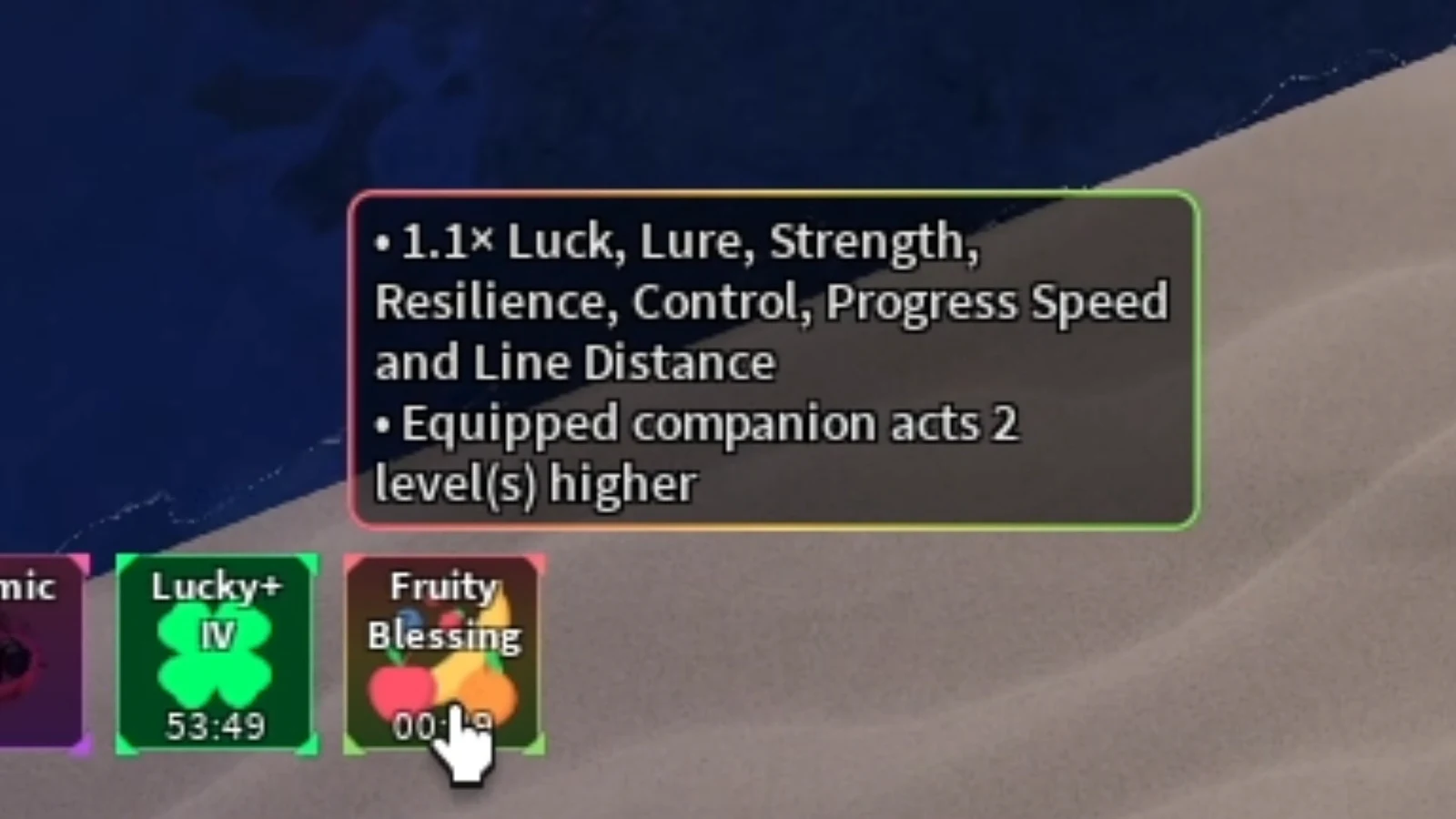 Fruity Blessing tooltip listing the 1.1x stat multiplier and companion level bonus