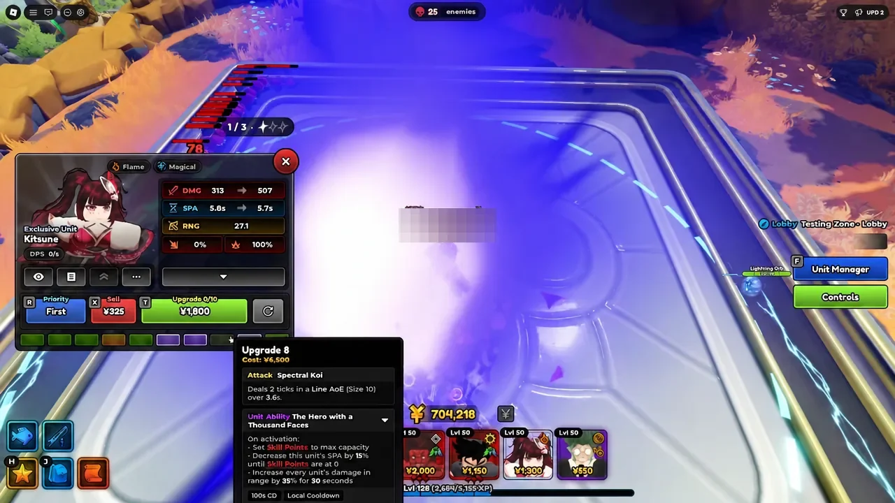 Kitsune's upgrade panel in the Unit Manager showing the 0/10 upgrade button